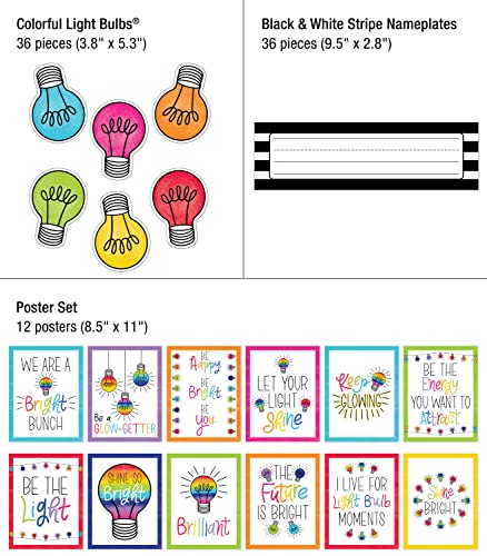 Schoolgirl Style Light Bulb Moments Classroom Decor Bundle, Classroom Calendar, Growth Mindset Bulletin Board Sets, Bulletin Board Border, Cutouts, Nameplates, Motivational Poster Pack (588 pc)