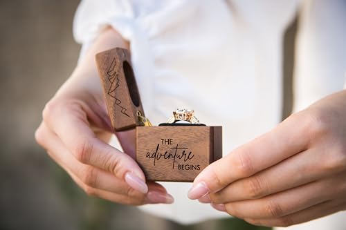 MUUJEE The Adventure Begins Slim Engagement Ring Box - Engraved Wooden Ring Box for Wedding Ceremony Engagement Proposal Ring Bearer Box - Anniversary Birthday Gift Ideas