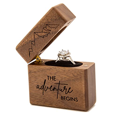 MUUJEE The Adventure Begins Slim Engagement Ring Box - Engraved Wooden Ring Box for Wedding Ceremony Engagement Proposal Ring Bearer Box - Anniversary Birthday Gift Ideas