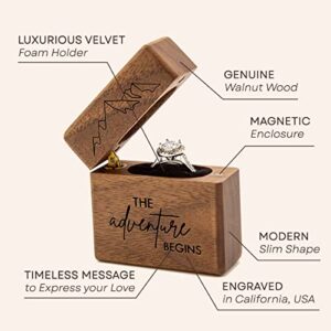 MUUJEE The Adventure Begins Slim Engagement Ring Box - Engraved Wooden Ring Box for Wedding Ceremony Engagement Proposal Ring Bearer Box - Anniversary Birthday Gift Ideas