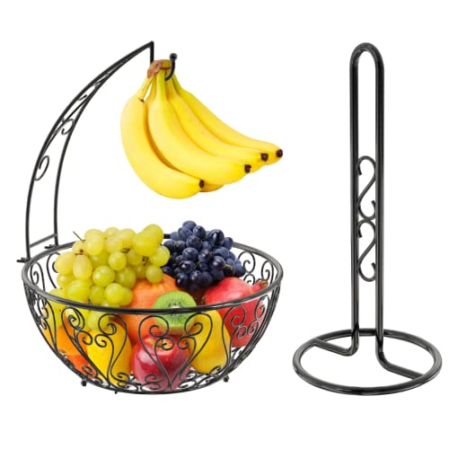 ODRAGO Fruit Basket for Kitchen with Complementry Towel Holder, Fruit Holder for Kitchen Countertop, Decorative Vegetable Baskets for Kitchen, Bronze Fruit Basket with Banana Hanger