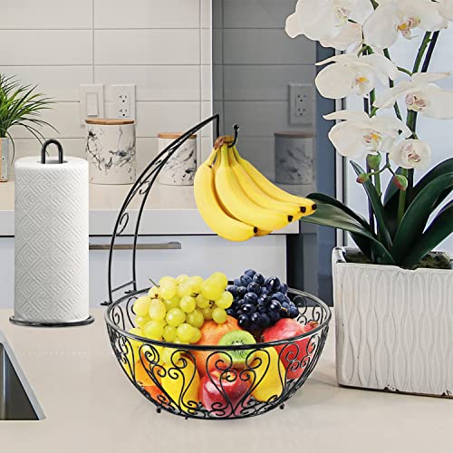 ODRAGO Fruit Basket for Kitchen with Complementry Towel Holder, Fruit Holder for Kitchen Countertop, Decorative Vegetable Baskets for Kitchen, Bronze Fruit Basket with Banana Hanger