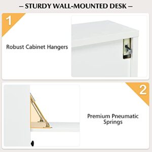 COSTWAY Wall-Mounted Computer Desk, Floating Desk with Storage Drawer & Shelves, Fold-up Desktop & Pneumatic Springs, Ideal for Home, Office, Dormitory, Small Spaces (White)