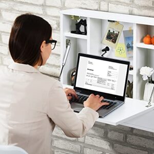 COSTWAY Wall-Mounted Computer Desk, Floating Desk with Storage Drawer & Shelves, Fold-up Desktop & Pneumatic Springs, Ideal for Home, Office, Dormitory, Small Spaces (White)