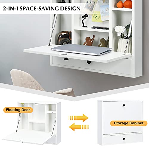 COSTWAY Wall-Mounted Computer Desk, Floating Desk with Storage Drawer & Shelves, Fold-up Desktop & Pneumatic Springs, Ideal for Home, Office, Dormitory, Small Spaces (White)