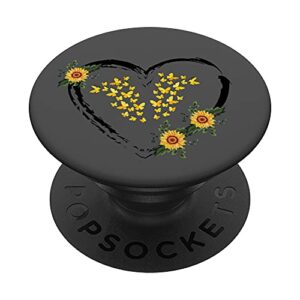 yellow butterflies with sunflower heart on gray background popsockets swappable popgrip
