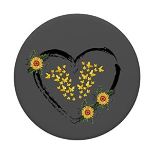 Yellow Butterflies With Sunflower Heart On Gray Background PopSockets Swappable PopGrip