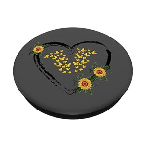 Yellow Butterflies With Sunflower Heart On Gray Background PopSockets Swappable PopGrip