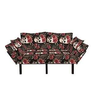 lunarable halloween futon couch, mexican sugar skull rose bouquets spooky traditional humour culture, daybed with metal frame upholstered sofa for living dorm, loveseat, black grey ruby