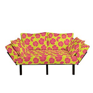 ambesonne floral futon couch, top view graphical design of colorful dainty summer flowers, daybed with metal frame upholstered sofa for living dorm, loveseat, yellow green hot pink