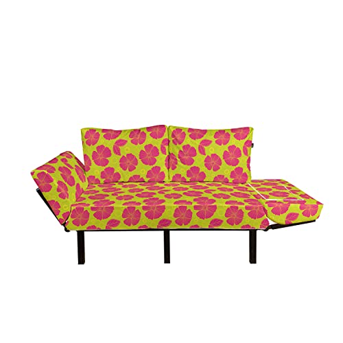 Ambesonne Floral Futon Couch, Top View Graphical Design of Colorful Dainty Summer Flowers, Daybed with Metal Frame Upholstered Sofa for Living Dorm, Loveseat, Yellow Green Hot Pink