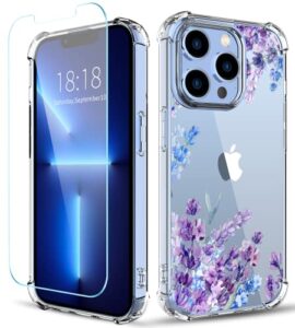 ilnehc flower pattern designed for iphone 13 pro max case[with screen protector], floral clear women phone case shockproof protective soft tpu bumper cover 6.7 inch 2021(lavender/purple)