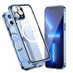 jonwelsy case for iphone 13 pro max, compatible with magsafe 360 degree full body protection case magnetic attraction metal bumper+front glass+pc back cover for iphone 13 pro max (6.7 inch) (blue)