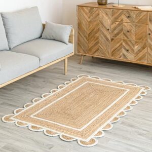 weaving village scalloped natural jute area rug, natural base off white trim, 3x5
