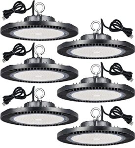 6 pack 200w ufo led high bay light, 100-277v etl listed high bay led shop light fixture 5000k, 28,000lm, with 5' cable us plug, safe rope, commercial bay lighting for barn factory warehouse church