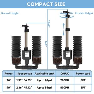 TOHIDAQU Aquarium Sponge Filter - 4W 80GPH Fish Tank Filters with Double Sponge: Electric Power Ultra Quiet Aquarium Filter for 15- to 55 Gallon