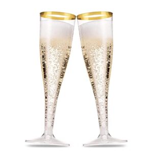munfix 50 pack gold rimmed plastic champagne flutes 5 oz clear plastic toasting glasses fancy disposable wedding party cocktail cups with gold rim
