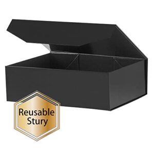 PACKGILO 1 Black Large Gift Box with Lid 13x9x4 Inches, Bridesmaid Proposal Box, Hard Collapsible Gift Box with Magnetic Closure, Groomsman Box Reusable Gift Box for Clothes (Glossy Black)