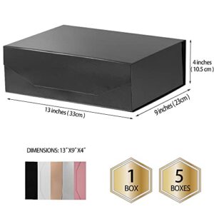 PACKGILO 1 Black Large Gift Box with Lid 13x9x4 Inches, Bridesmaid Proposal Box, Hard Collapsible Gift Box with Magnetic Closure, Groomsman Box Reusable Gift Box for Clothes (Glossy Black)