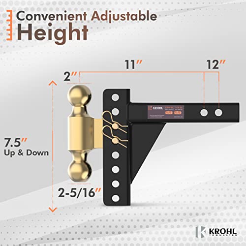 KROHL Adjustable Trailer Hitch with 2" & 2-5/16" Balls, 12,000 lbs Capacity, 7.5" Rise & Drop, Lock & Keys Included, Zinc Plated for Durability - Perfect for Trucks & SUVs with 2" Receiver