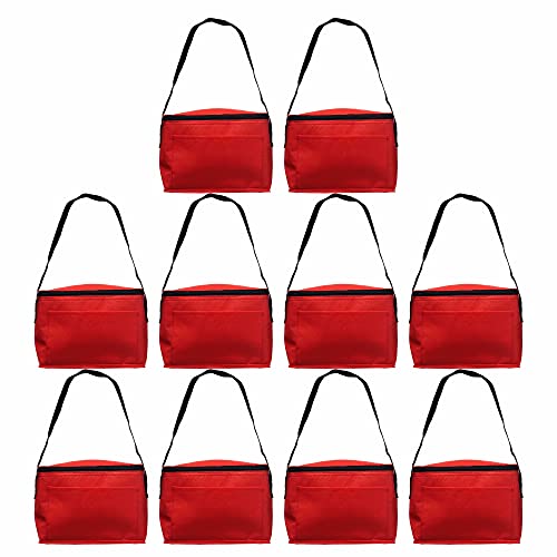 DISCOUNT PROMOS 10 Zipper Top Insulated Lunch Bags Set - Non Woven, Vibrant, Black Strap - Red