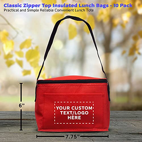 DISCOUNT PROMOS 10 Zipper Top Insulated Lunch Bags Set - Non Woven, Vibrant, Black Strap - Red