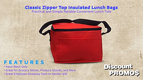 DISCOUNT PROMOS 10 Zipper Top Insulated Lunch Bags Set - Non Woven, Vibrant, Black Strap - Red