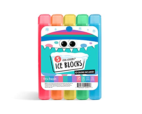 Cool Coolers by Fit + Fresh, 5 Pack Days of the Week Ice Blocks, Compact Reusable Ice Packs for Lunch Boxes & Coolers, Multi Colored