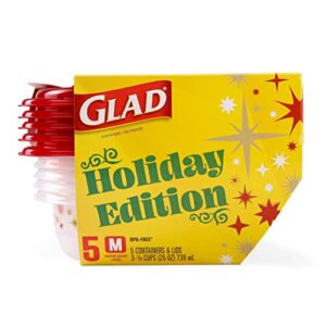 gladware medium entrée square holiday food storage containers with lids | 25 oz holiday containers with red star design, 5 count set | airtight food storage containers for food