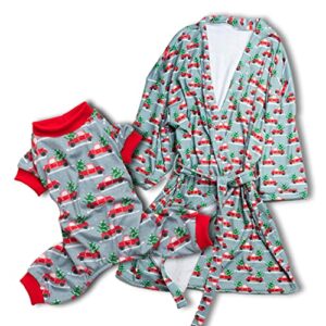 fabdog dog pajamas & matching dog owner bathrobe set - fun clothes set - bathrobe with waist belt sizes s/m and l/xl, dog outfit size 12" | available in x-mas truck