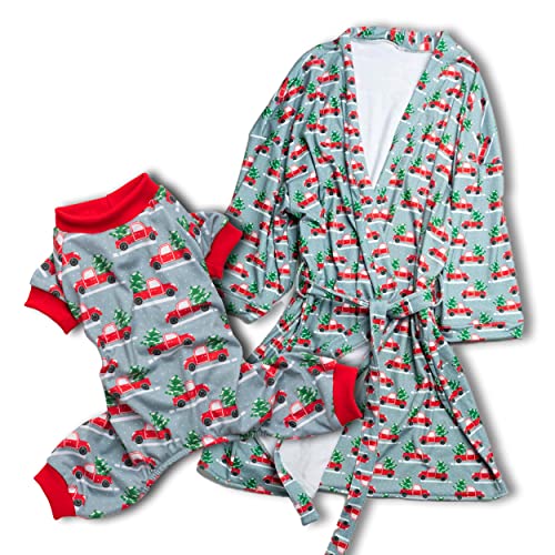 fabdog Dog Pajamas & Matching Dog Owner Bathrobe Set - Fun Clothes Set - Bathrobe With Waist Belt Sizes S/M and L/XL, Dog Outfit Size 12" | Available in X-mas Truck