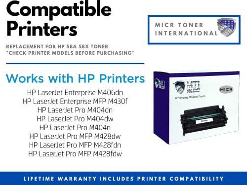 MTI 58A MICR Toner Replacement for HP 58A CF258A 58X CF258X | HP Pro M404n M404dn M404dw MFP M428fdn M428dw M428fdw | Check Printer Cartridge (Pack of 2)