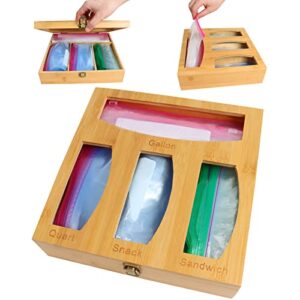 soguaolo bamboo ziplock bag storage organizer and dispenser for kitchen drawer–food storage bag holders compatible with gallon, quart, sandwich & snack variety size bags.
