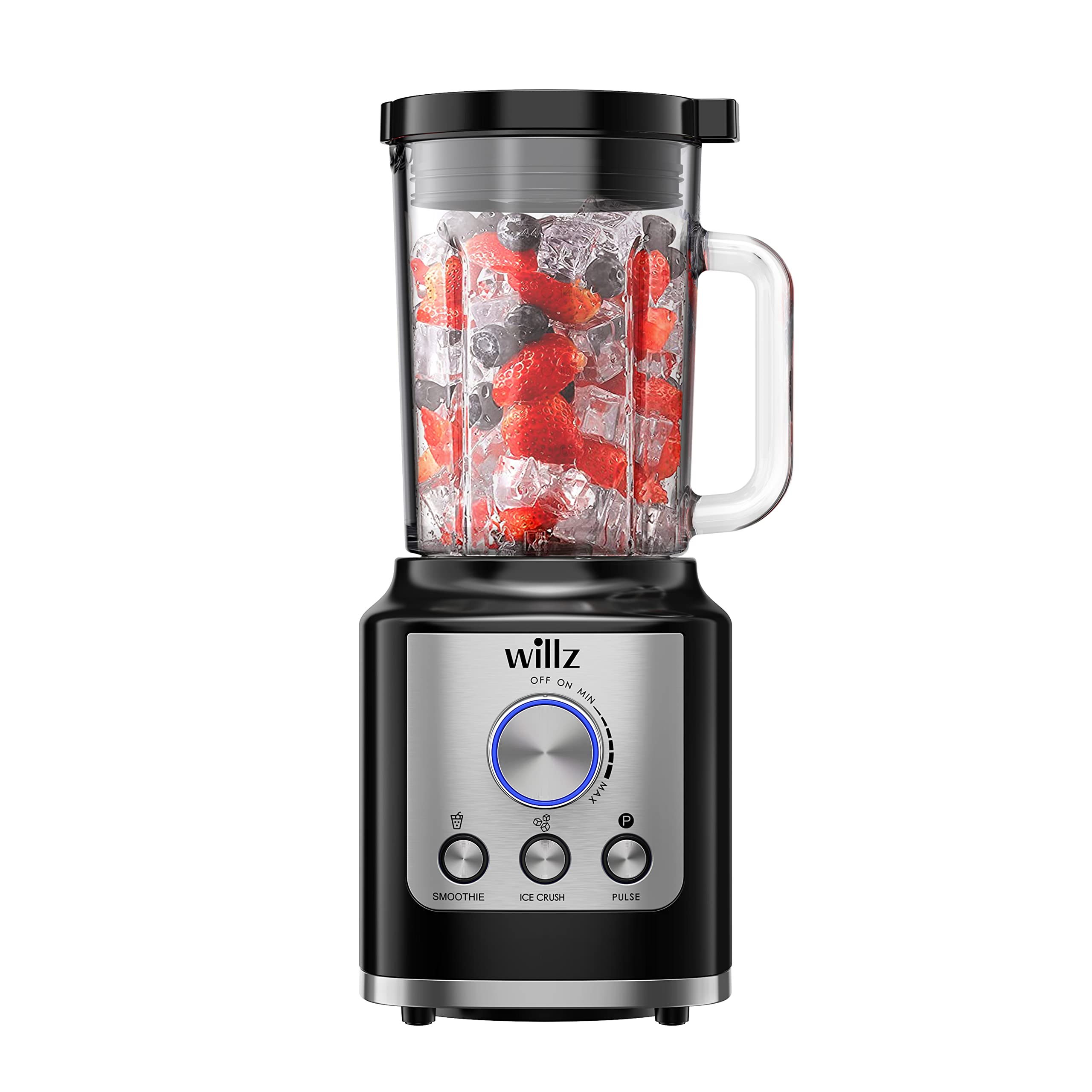 Willz High Speed Kitchen Countertop Blender for Juices, Shakes, Smoothies - Ice Crush & Pulse Functions, 60oz, Black