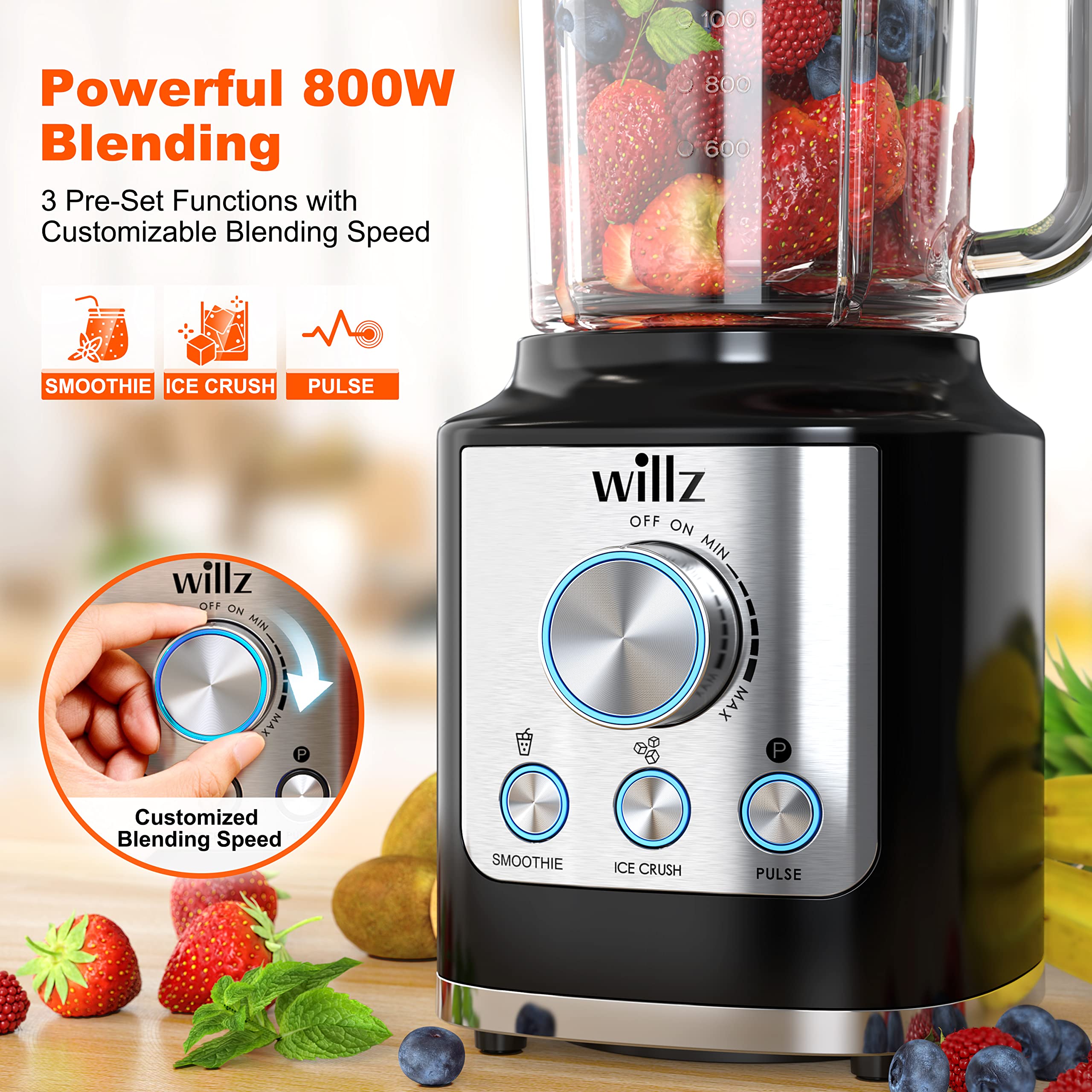 Willz High Speed Kitchen Countertop Blender for Juices, Shakes, Smoothies - Ice Crush & Pulse Functions, 60oz, Black