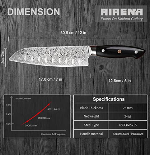 AIRENA Santoku Knife - 7" Japanese Style Kitchen Knife - X50CrMov15 German Steel Blade & Full Tang Ergonomic Pakkawood Handle - Best Value Ultra Sharp Cooking Chef Knife Giftbox