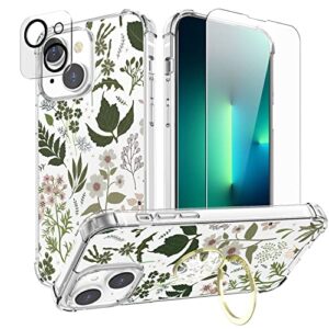 cutebe [4 in 1 phone case for iphone 13 case/iphone 14 case 6.1 inch, cute crystal cover with screen protector + camera lens protector+rotatable ring stand holder for women