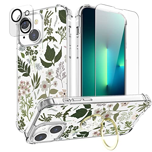 Cutebe [4 in 1 Phone Case for iPhone 13 Case/iPhone 14 Case 6.1 Inch, Cute Crystal Cover with Screen Protector + Camera Lens Protector+Rotatable Ring Stand Holder for Women