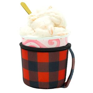 go cuff ice cream coozie pint cuff reusable antislip neoprene insulator pint sized ice cream pint cozy sleeve with handle compatible for haagen-dazs, ben & jerry's, halo top and more (lumberjack red)