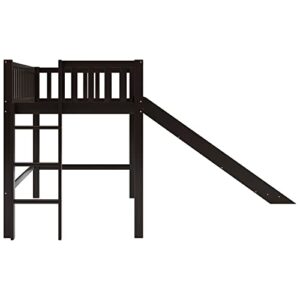 Low Loft Bed, Twin Size Low Loft Bed with Slide, Wood Twin Low Loft Bed Frame with Guardrails and Side Ladder for Kids Boys Girls Teens, No Box Spring Needed, Easy Assembly, Espresso