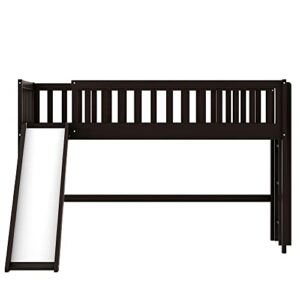 Low Loft Bed, Twin Size Low Loft Bed with Slide, Wood Twin Low Loft Bed Frame with Guardrails and Side Ladder for Kids Boys Girls Teens, No Box Spring Needed, Easy Assembly, Espresso