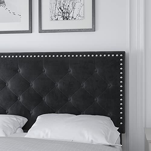 Catrimown Queen Bed Frame, Velvet Upholstered Bed Frame with Adjustable Button Tufted & Nailhead Trim Headboard, Wooden Slat Support/No Box Spring Needed/Easy Assembly, Black