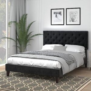 Catrimown Queen Bed Frame, Velvet Upholstered Bed Frame with Adjustable Button Tufted & Nailhead Trim Headboard, Wooden Slat Support/No Box Spring Needed/Easy Assembly, Black
