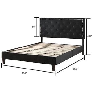 Catrimown Queen Bed Frame, Velvet Upholstered Bed Frame with Adjustable Button Tufted & Nailhead Trim Headboard, Wooden Slat Support/No Box Spring Needed/Easy Assembly, Black