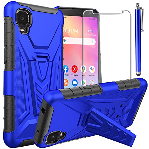 for Alcatel TCL A3/TCL A30 Case, with Tempered Glass Screen Protector Heavy Duty Protection Technology Built-in Kickstand Rugged Shockproof Protective Phone Case for Alcatel TCL A3 A509DL, (Blue)