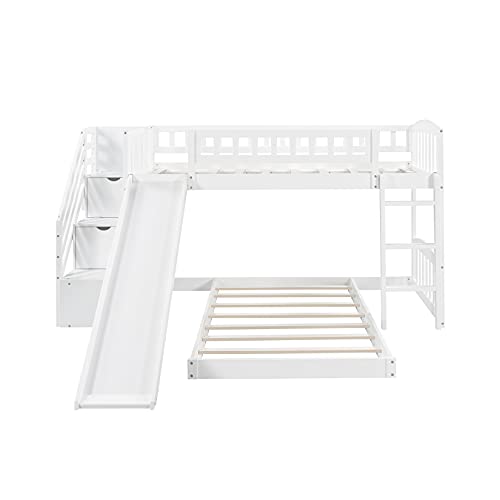 Bunk Beds with Slide Twin Over Twin Low Bunk Bed Frame with Storage Drawers Stairway Wood Bunk Bed for Kids Boys Girls, White