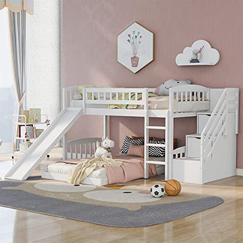 Bunk Beds with Slide Twin Over Twin Low Bunk Bed Frame with Storage Drawers Stairway Wood Bunk Bed for Kids Boys Girls, White