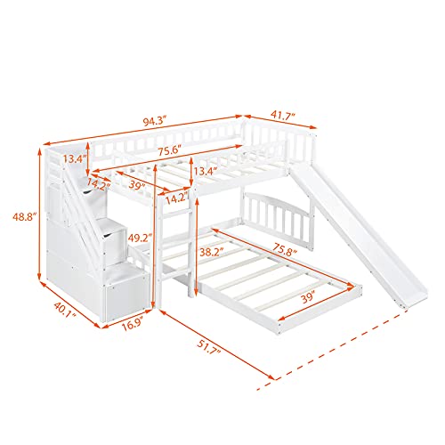 Bunk Beds with Slide Twin Over Twin Low Bunk Bed Frame with Storage Drawers Stairway Wood Bunk Bed for Kids Boys Girls, White