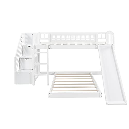 Bunk Beds with Slide Twin Over Twin Low Bunk Bed Frame with Storage Drawers Stairway Wood Bunk Bed for Kids Boys Girls, White