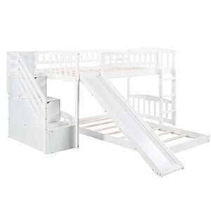Bunk Beds with Slide Twin Over Twin Low Bunk Bed Frame with Storage Drawers Stairway Wood Bunk Bed for Kids Boys Girls, White
